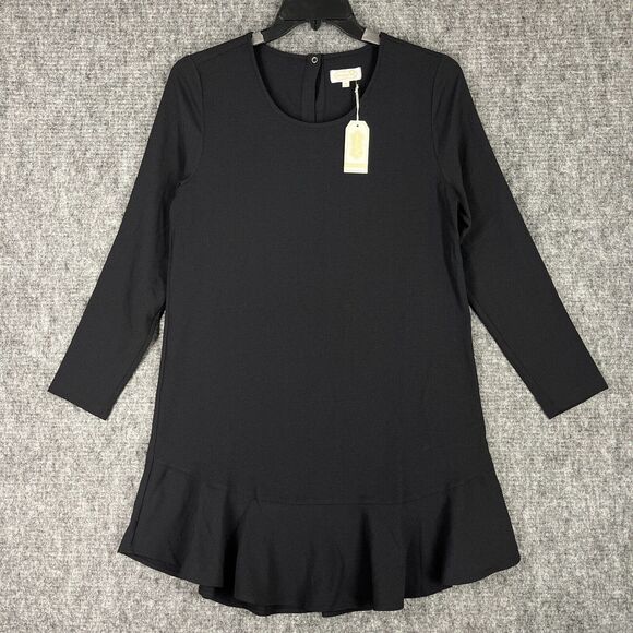 MUD PIE DRESS WOMENS MEDIUM BLACK CREPE SHIRT SCALLOPED 3/4‎ SLEEVE STRETCH - Picture 1 of 11